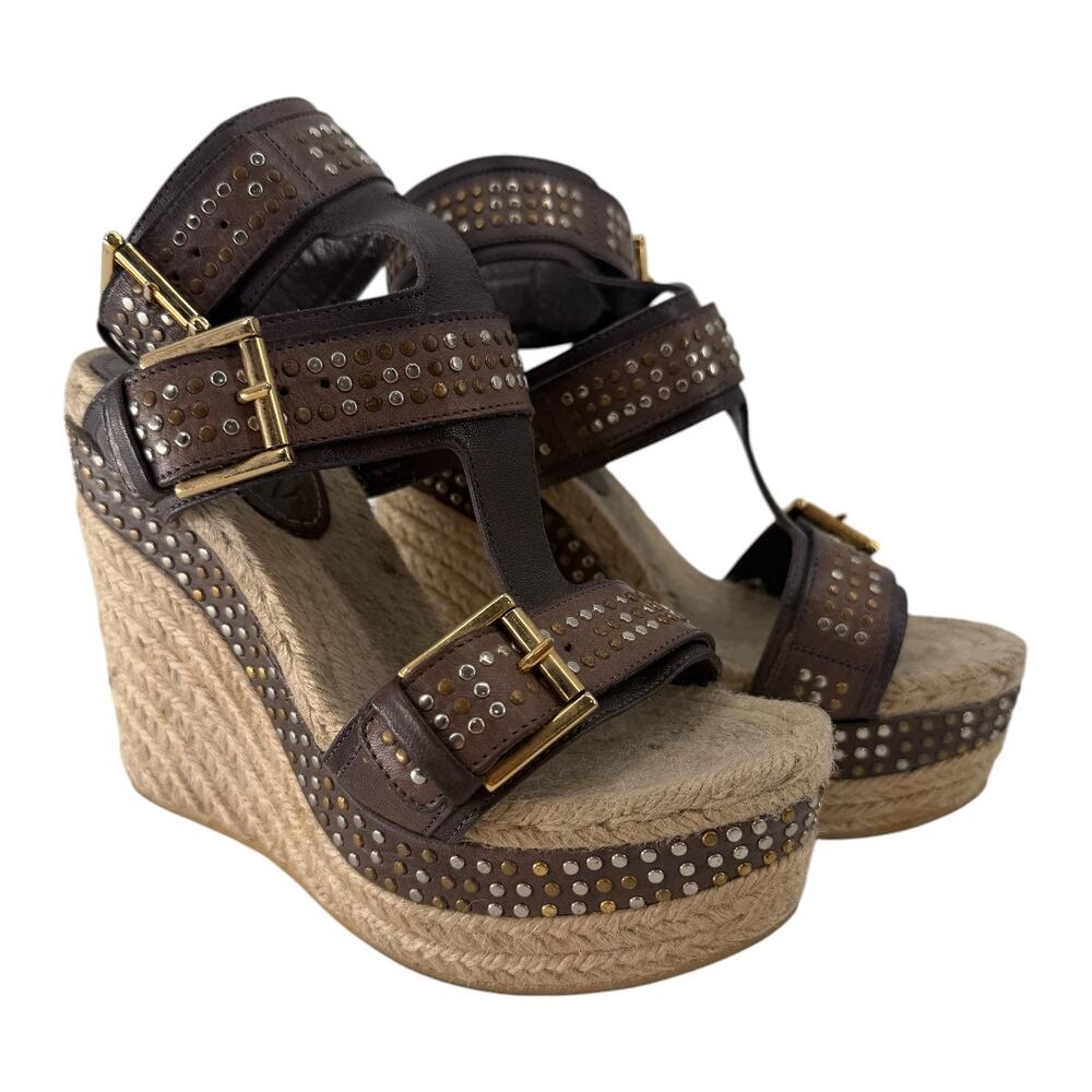 Alexander McQueen Leather Studded Platform Wedge Espadrille Brown Size 37